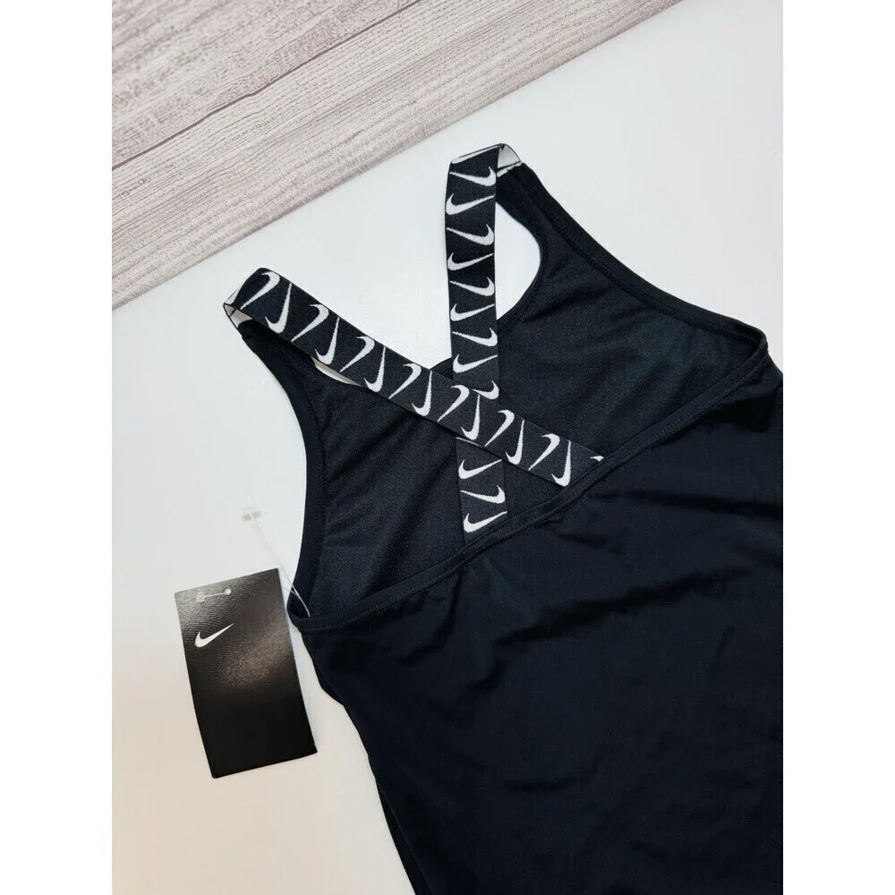 Nike Logo Tape Black Cross Back Tankini Swim Top Size  SMALL Girls